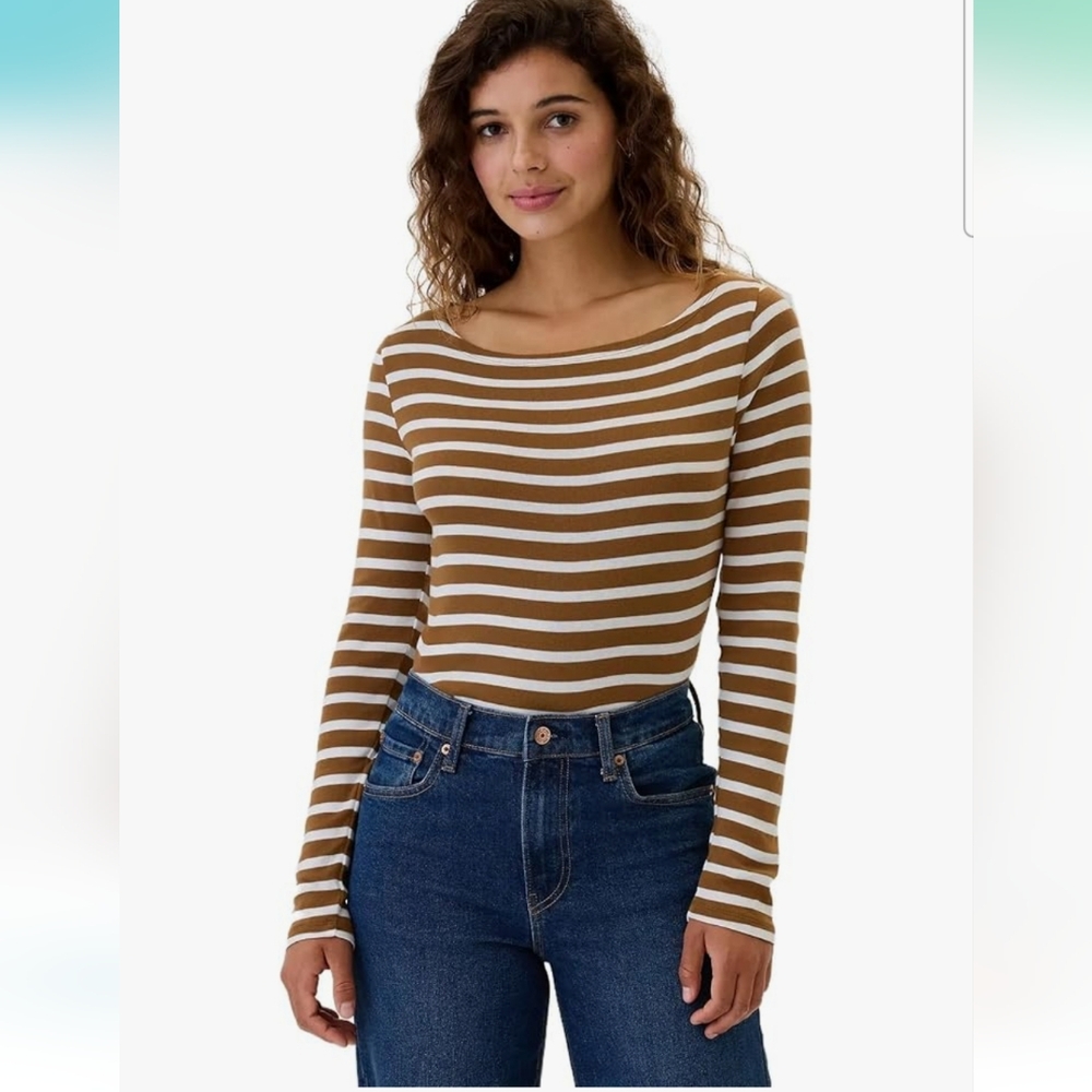 Gap Long Sleeve Favorite Boatneck Tee Brown Stripe Small S